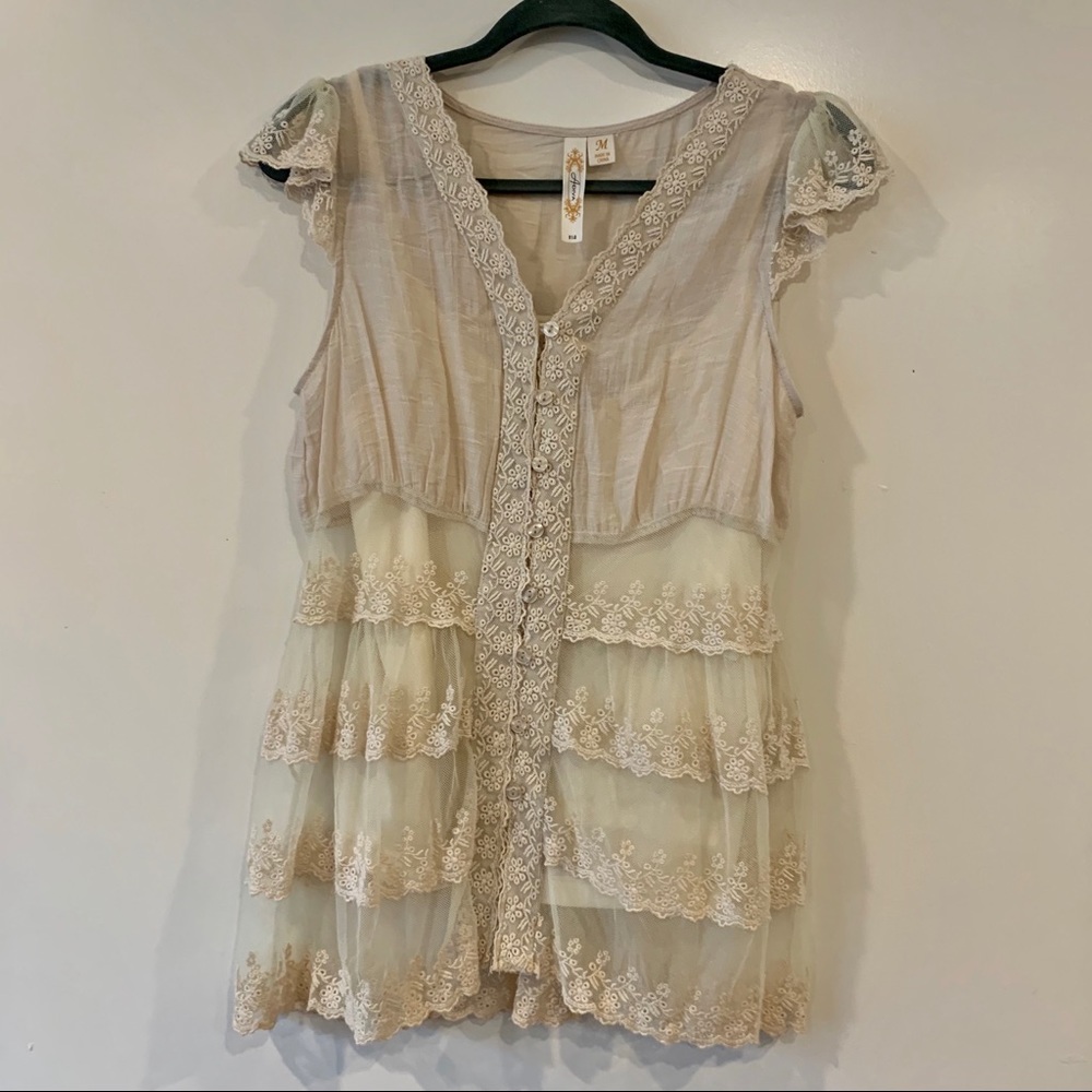Embroidered button down top with ruffles